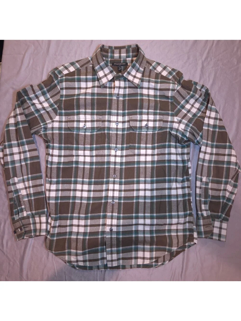 Banana Republic Men's Large Brown Green Plaid Flannel Button Shirt